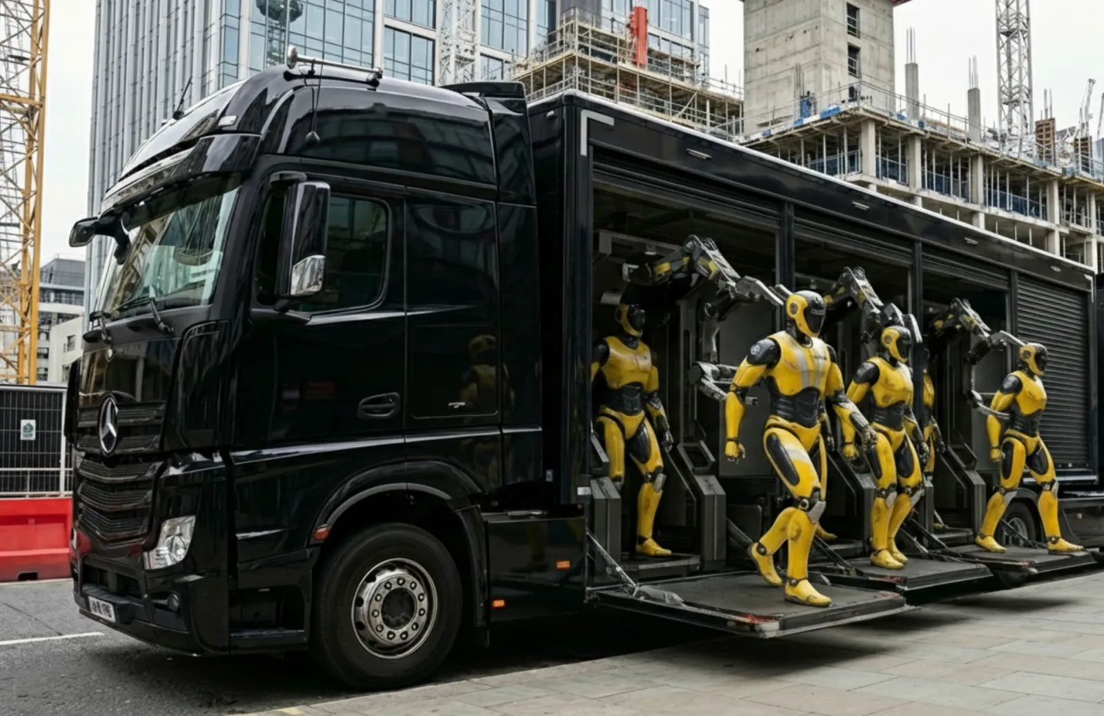 AI-generated image: a black articulated lorry parked beside a city construction site, its side opened up to reveal a row of yellow humanoid robots stepping out of charging bays onto a ramp.