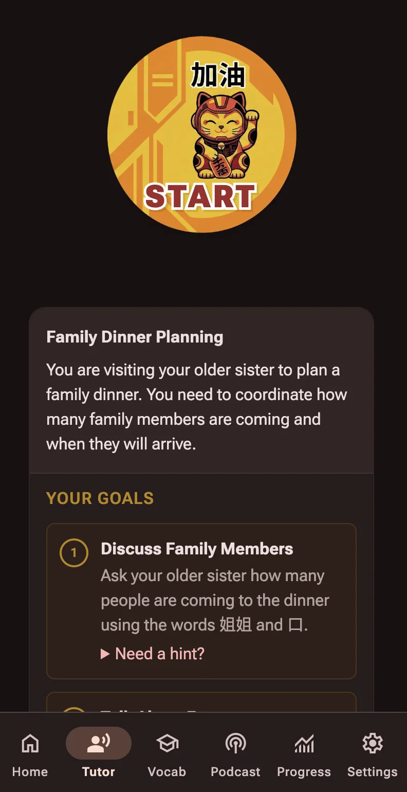 JiaYou tutor: a Family Dinner Planning scenario with goals to practise, and a Start button.