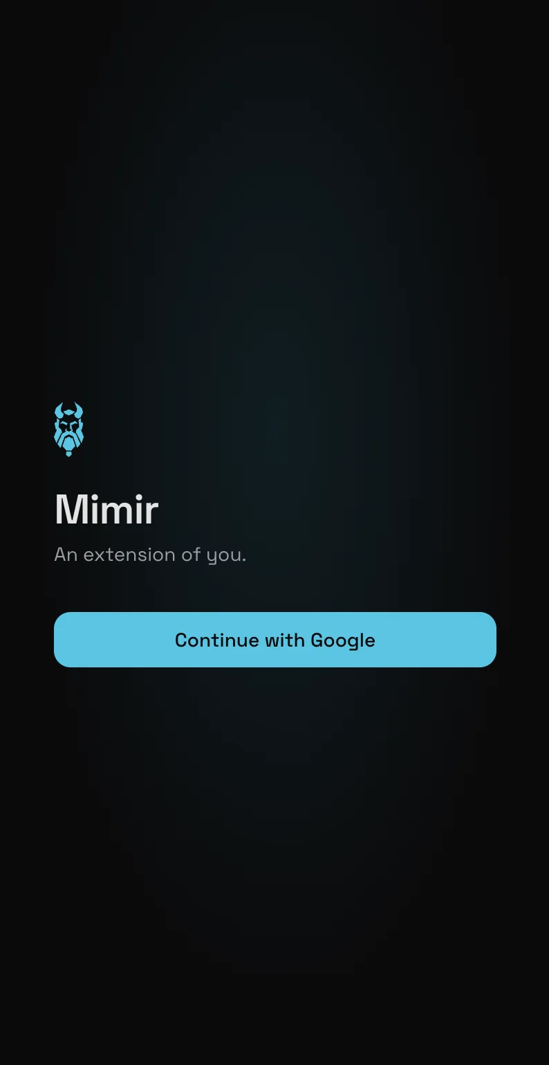 Mimir sign-in screen: the Mimir mark, the line “An extension of you.” and a Continue with Google button.