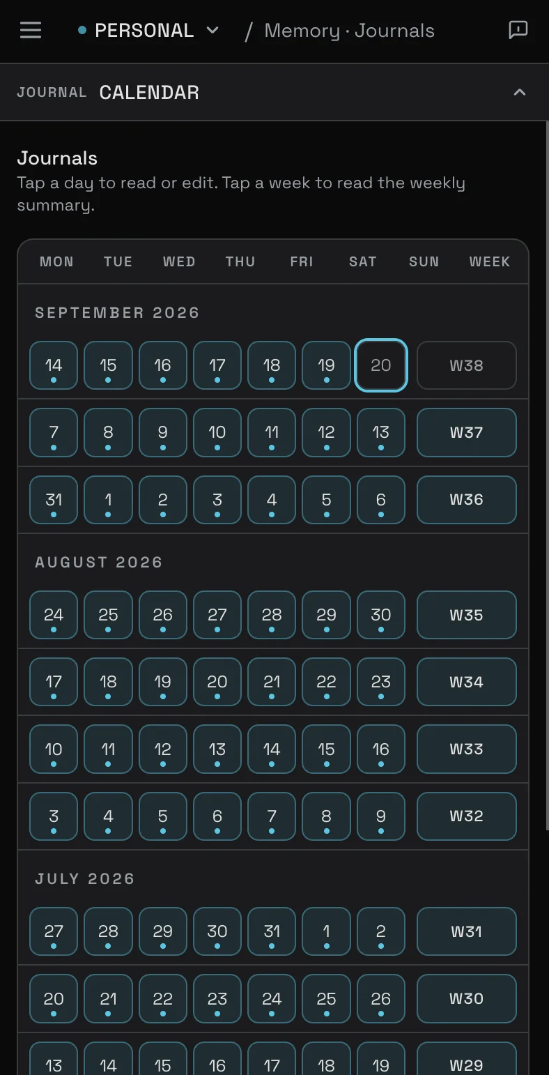 Mimir journals: a calendar of daily entries, one per day, with weekly summaries down the right-hand side.