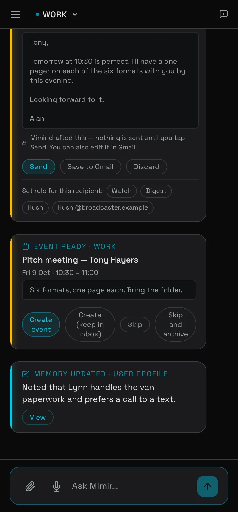 A drafted email reply awaiting Send, a suggested calendar event awaiting Create, and a memory update card noting a preference about a colleague.