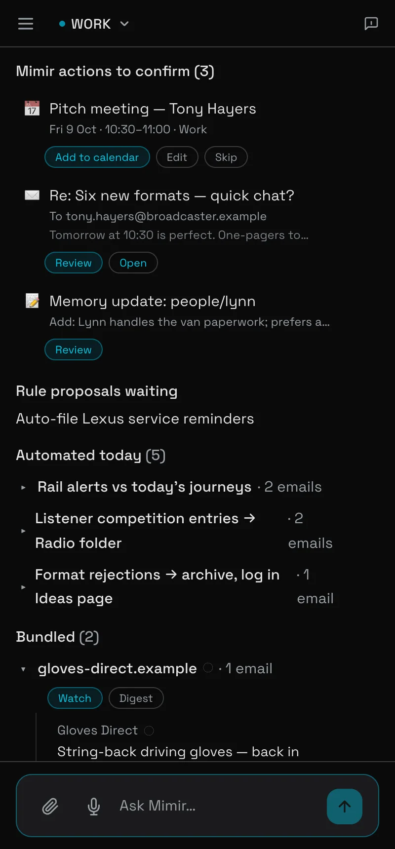 Mimir actions to confirm: a suggested pitch meeting, a drafted reply and a memory update, followed by a rule proposal and today's email automations.