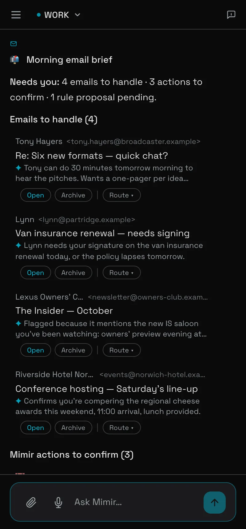 Morning email brief: four emails to handle, each with a one-line summary, including a newsletter flagged because it mentions a car the user has been watching.