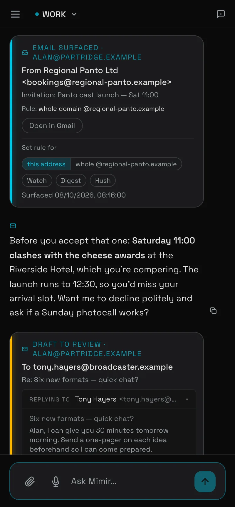 An invitation email surfaced, and Mimir warning before acceptance that it clashes with an event already in the calendar, offering to decline and suggest another day.