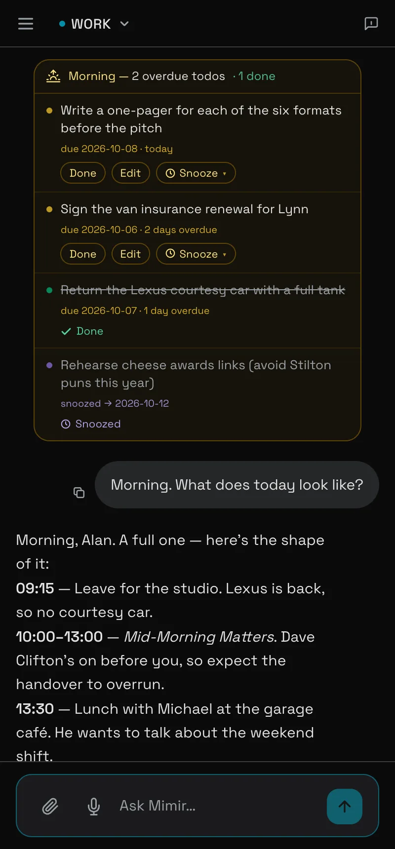 Morning todo reminder: overdue and due-today items with Done, Edit and Snooze, one already done and one snoozed.