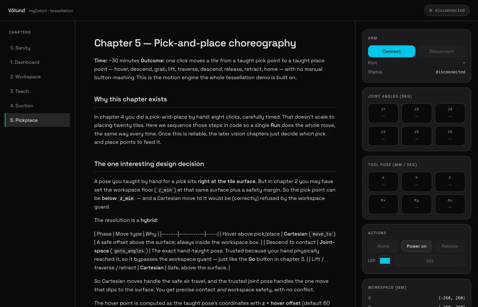 Völund dashboard: chapter 5, pick-and-place choreography, with live joint angles, tool pose and arm controls in the side panel.